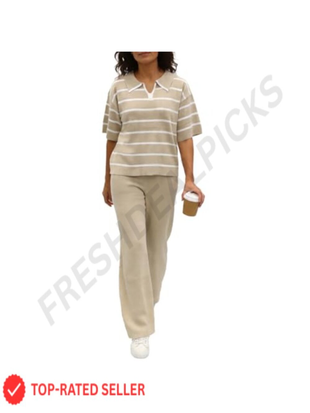 2 Piece Knit Set Short Sleeve Polo Top Wide Leg Pants Loungewear